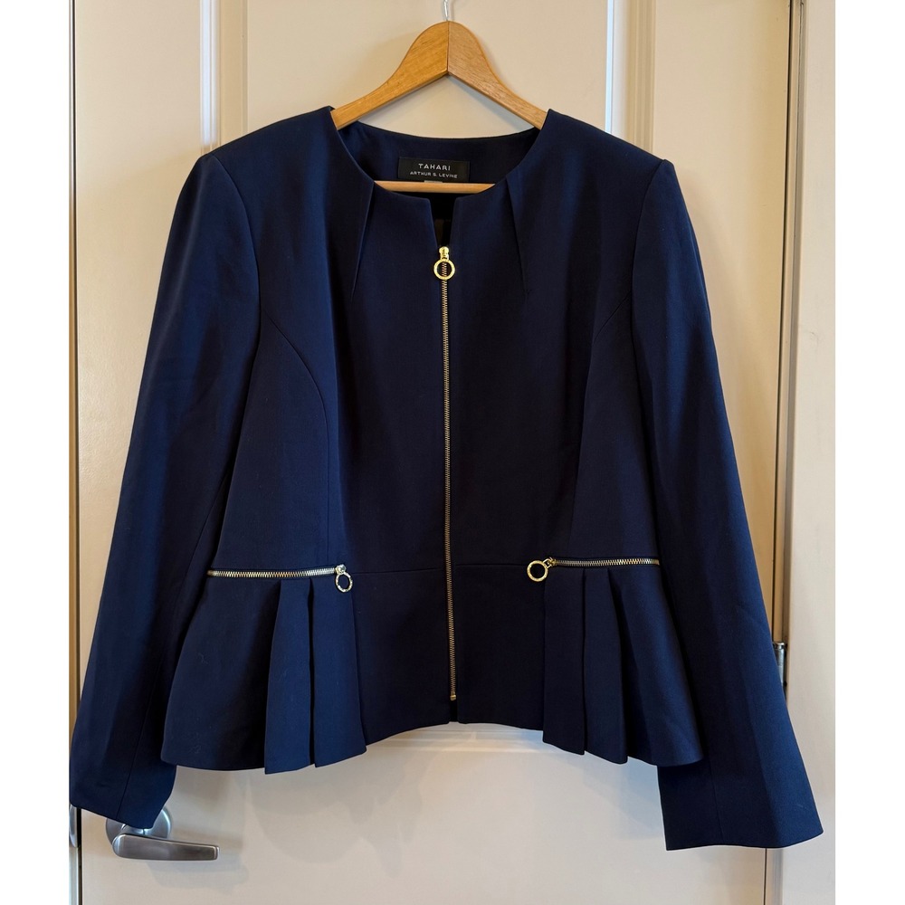 Tahari Women's Navy Blue Full Zip Lined Classy Peplum Blazer Jacket Plus Size 18